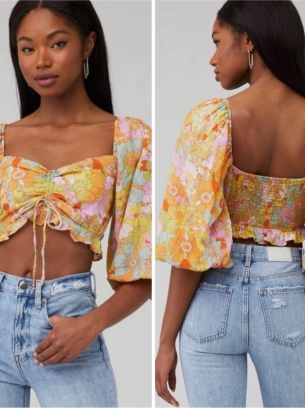 Show Me Your MuMu Floral Ruched Puff-Sleeve Crop Top - Yellow, Pink, Orange